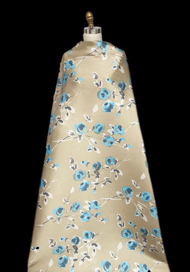 Beige/Blue/Gray Printed Silk Mikado — Mendel Goldberg Beige/Blue/Gray Printed Silk Mikado — Mendel Goldberg